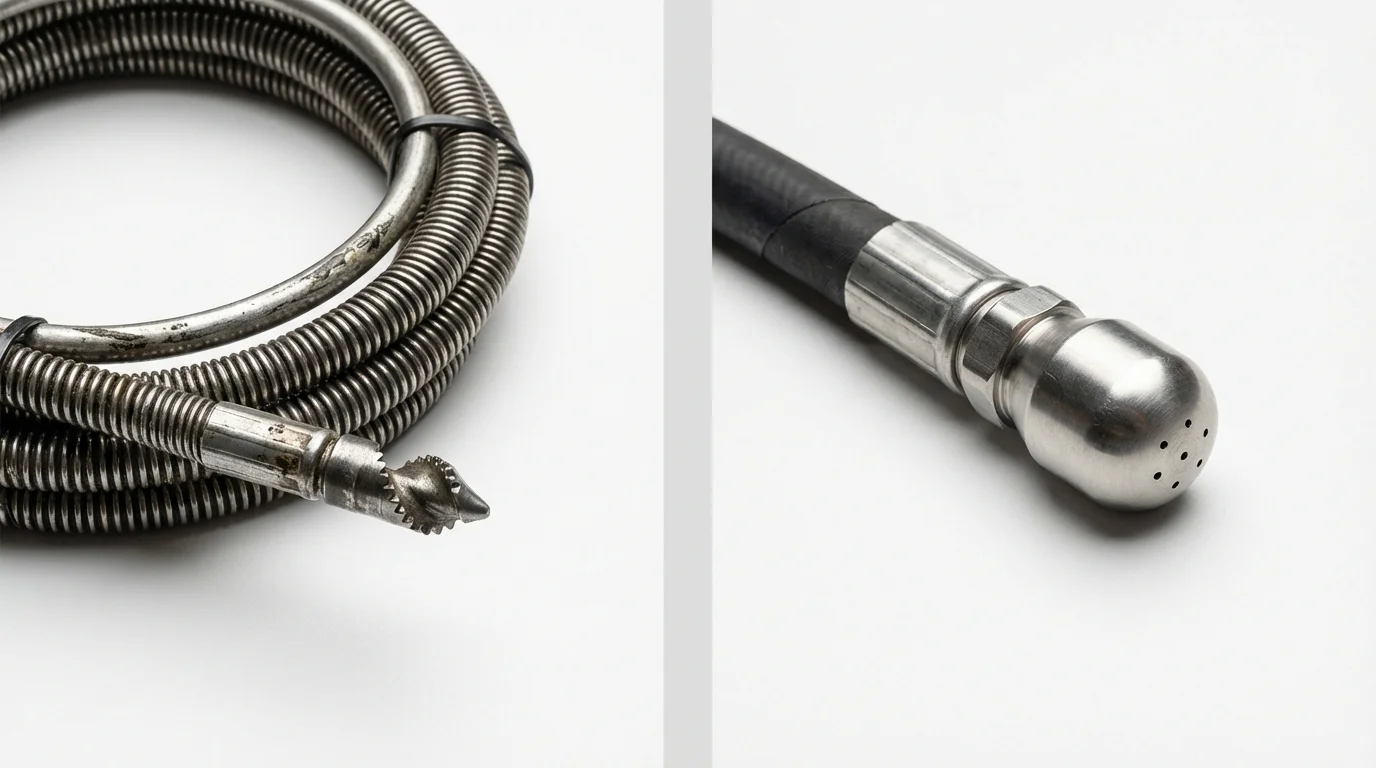 Drain snake cable and hydro jetting nozzle used for drain cleaning in Oakboro, NC