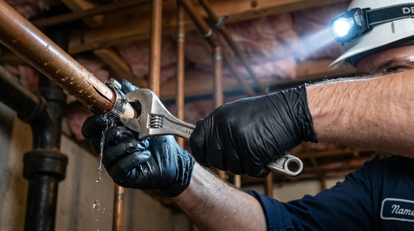 Emergency pipe clamp repair being performed by a Johns Plumbing LLC plumber in Oakboro