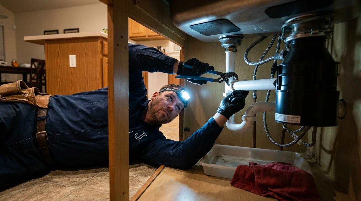P-trap and supply line connections under a kitchen sink showing a common leak point in Oakboro, NC